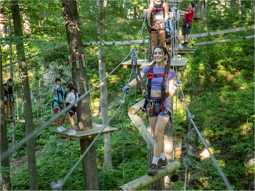 A family navigating the aerial rope course at TreEscape Adventure Park in Vernon, NJ, enjoying a thrilling outdoor adventure together.