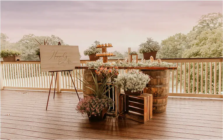 Hef's Hut patio in Vernon, NJ, beautifully decorated for a private event with elegant table settings and festive decor creating a warm and inviting atmosphere.