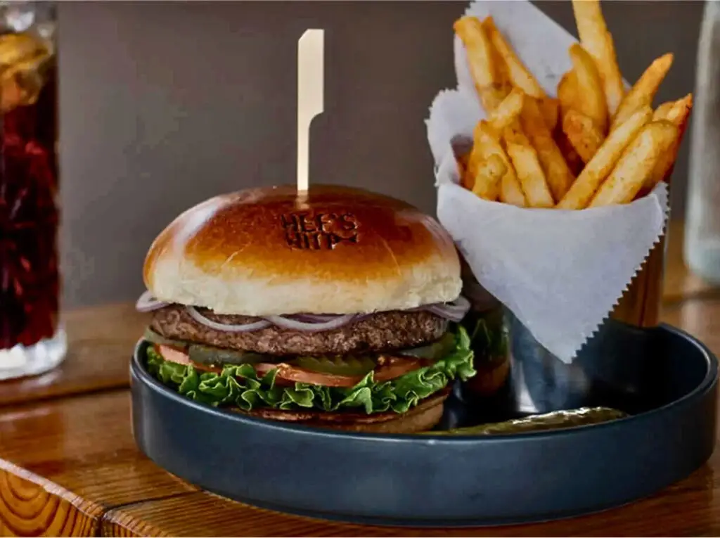 Close-up image of the Great Gorge burger, as part of the Hef's Hut bar & grill menu. 