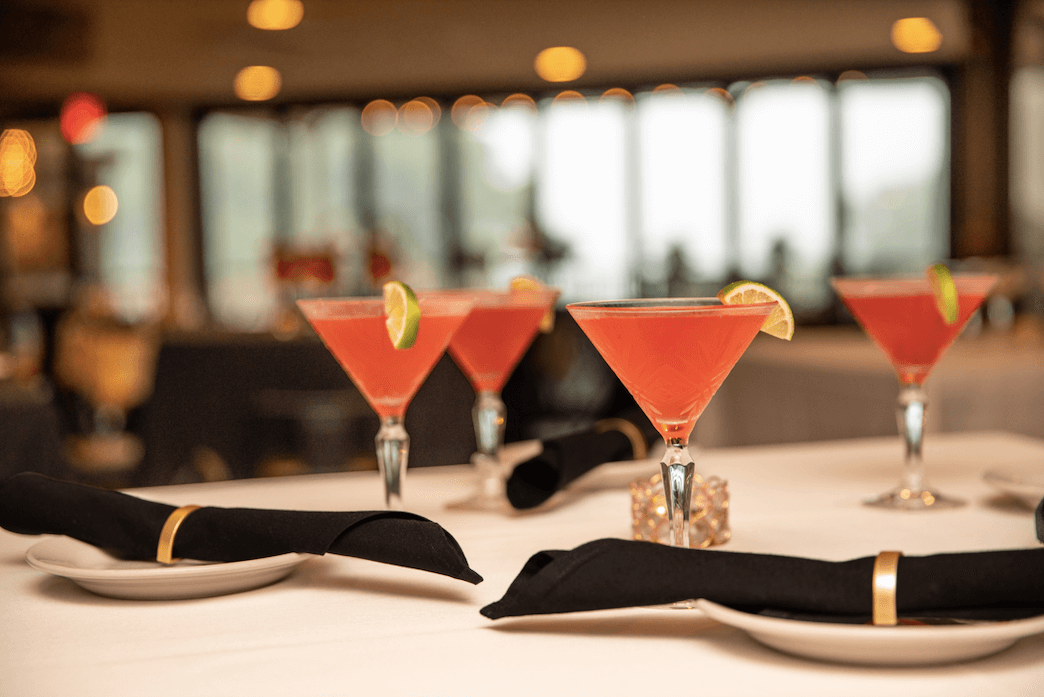 Assorted cocktail glasses arranged for NJ private events at Hef's Hut in Vernon, NJ.